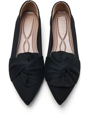 Women's Black Bow Pointed Toe Pull On Comfortable Knit Dressy Ballet Flat Shoes